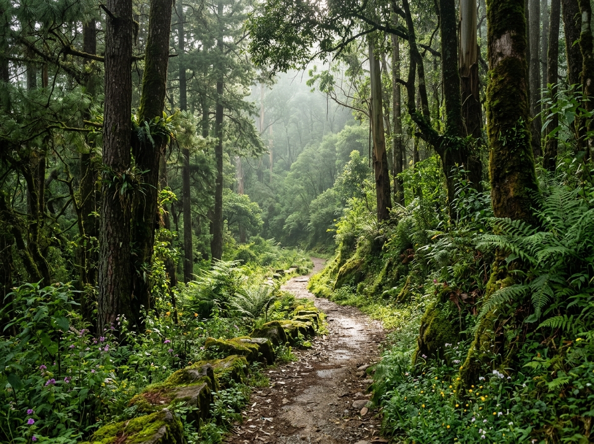 Serene nature trail through lush green forest in Kodaikanal