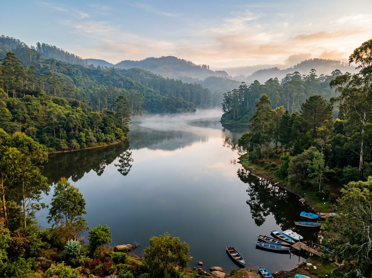 Serene Kodaikanal lake surrounded by lush green hills on a misty morning