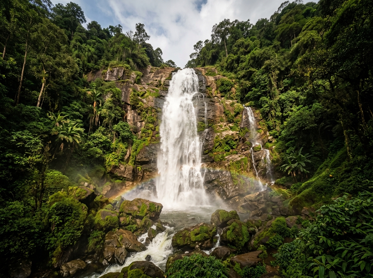 Misty waterfall in Kodaikanal pine forest